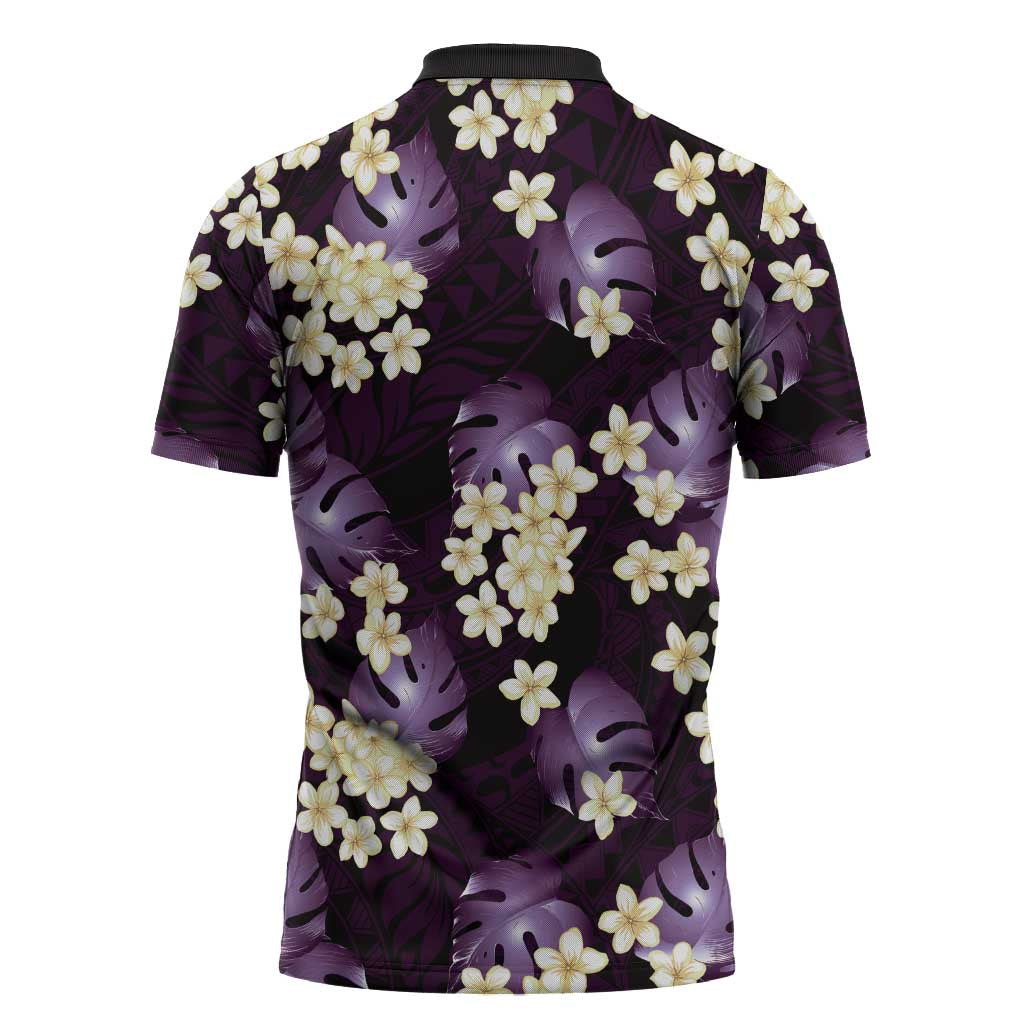 Purple Tropical Hawaii Zipper Polo Shirt Seamless Monstera Plumeria Hawaiian Pattern - Polynesian Pride