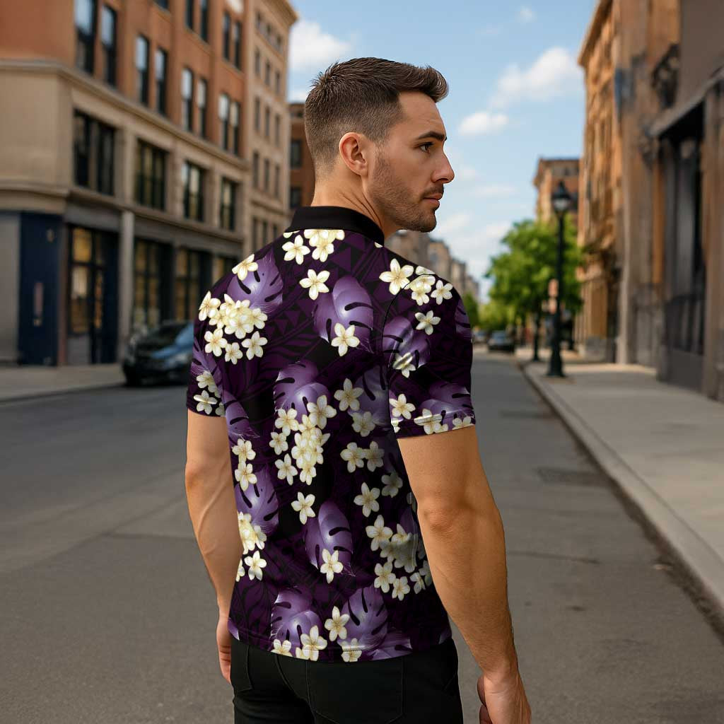 Purple Tropical Hawaii Zipper Polo Shirt Seamless Monstera Plumeria Hawaiian Pattern - Polynesian Pride