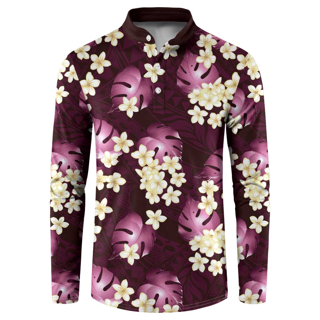 Pink Tropical Hawaii Button Sweatshirt Seamless Monstera Plumeria Hawaiian Pattern - Polynesian Pride