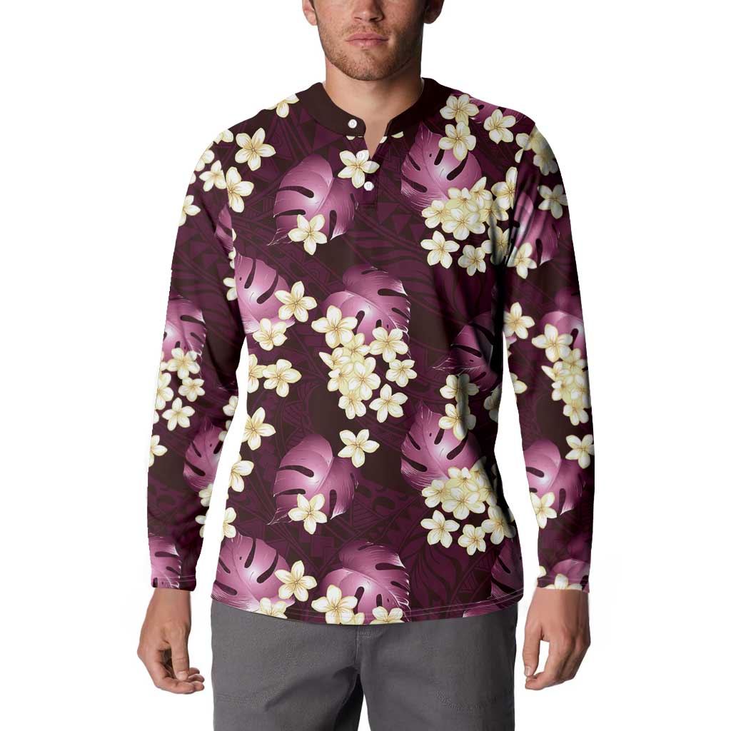 Pink Tropical Hawaii Button Sweatshirt Seamless Monstera Plumeria Hawaiian Pattern - Polynesian Pride