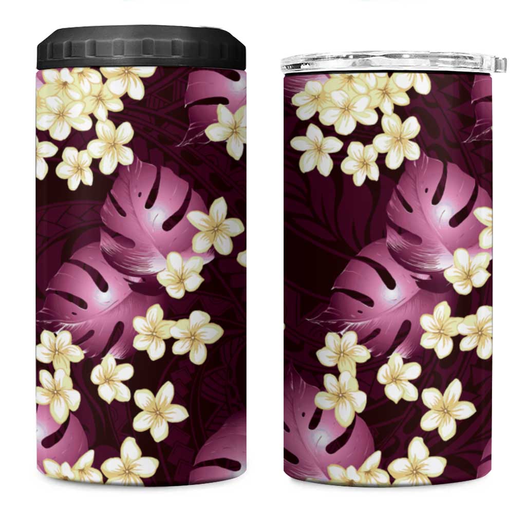 Pink Tropical Hawaii 4 in 1 Can Cooler Tumbler Seamless Monstera Plumeria Hawaiian Pattern - Polynesian Pride