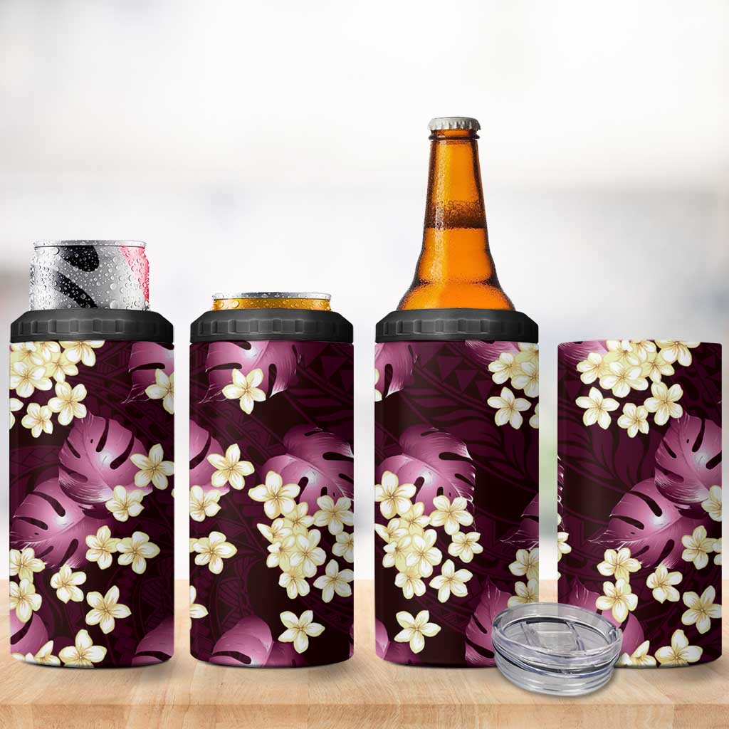 Pink Tropical Hawaii 4 in 1 Can Cooler Tumbler Seamless Monstera Plumeria Hawaiian Pattern - Polynesian Pride