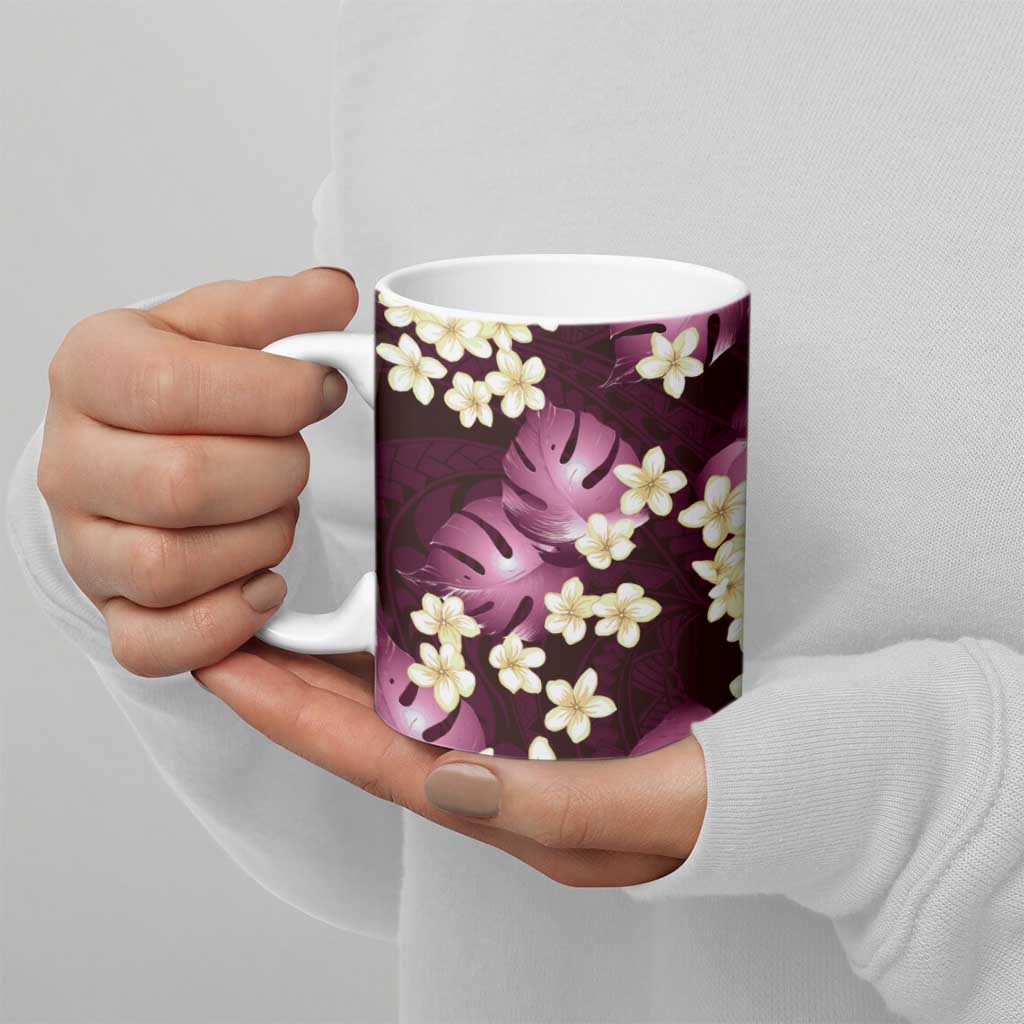 Pink Tropical Hawaii Ceramic Mug Seamless Monstera Plumeria Hawaiian Pattern - Polynesian Pride