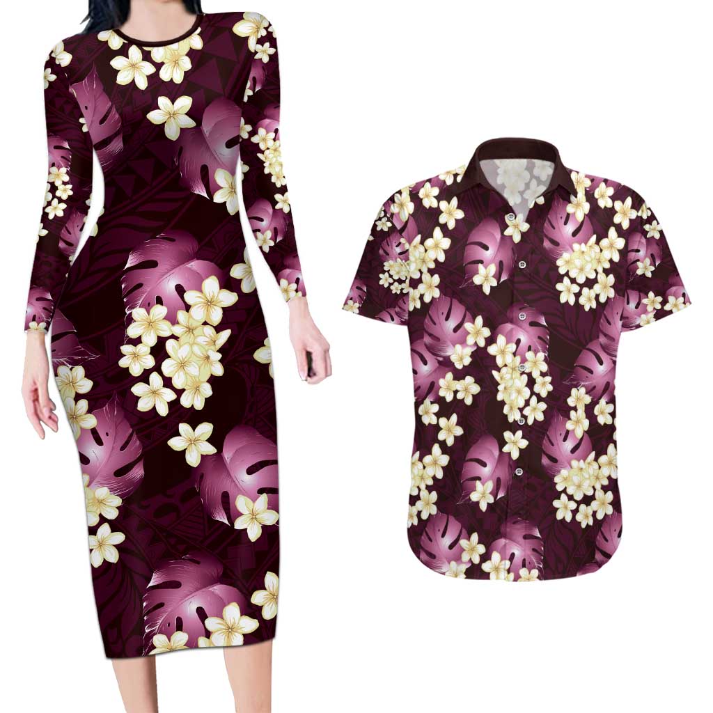 Pink Tropical Hawaii Couples Matching Long Sleeve Bodycon Dress and Hawaiian Shirt Seamless Monstera Plumeria Hawaiian Pattern - Polynesian Pride