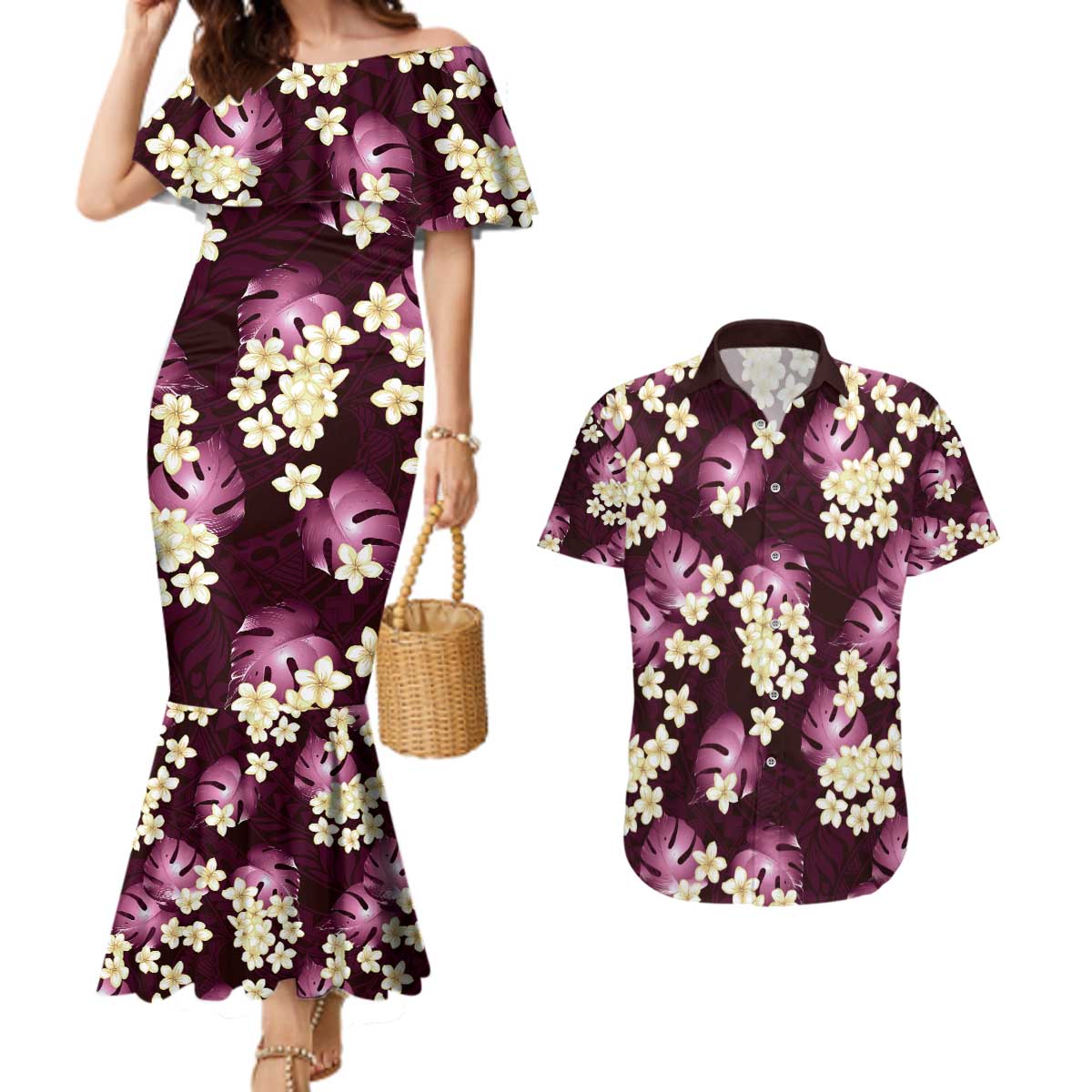 Pink Tropical Hawaii Couples Matching Mermaid Dress and Hawaiian Shirt Seamless Monstera Plumeria Hawaiian Pattern - Polynesian Pride