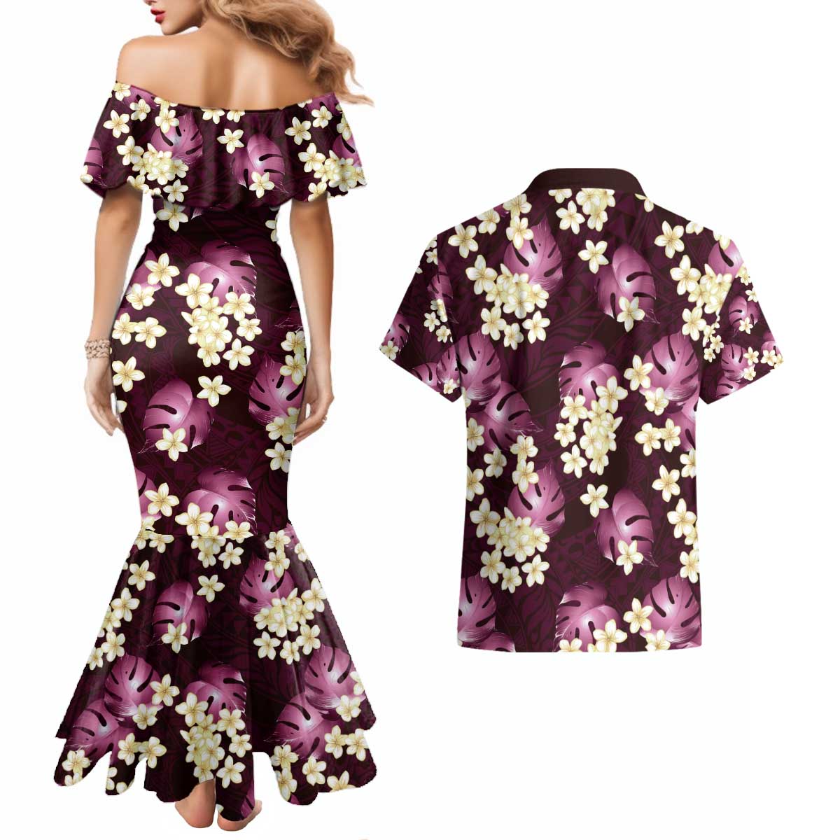 Pink Tropical Hawaii Couples Matching Mermaid Dress and Hawaiian Shirt Seamless Monstera Plumeria Hawaiian Pattern - Polynesian Pride