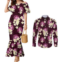 Pink Tropical Hawaii Couples Matching Mermaid Dress and Long Sleeve Button Shirt Seamless Monstera Plumeria Hawaiian Pattern - Polynesian Pride