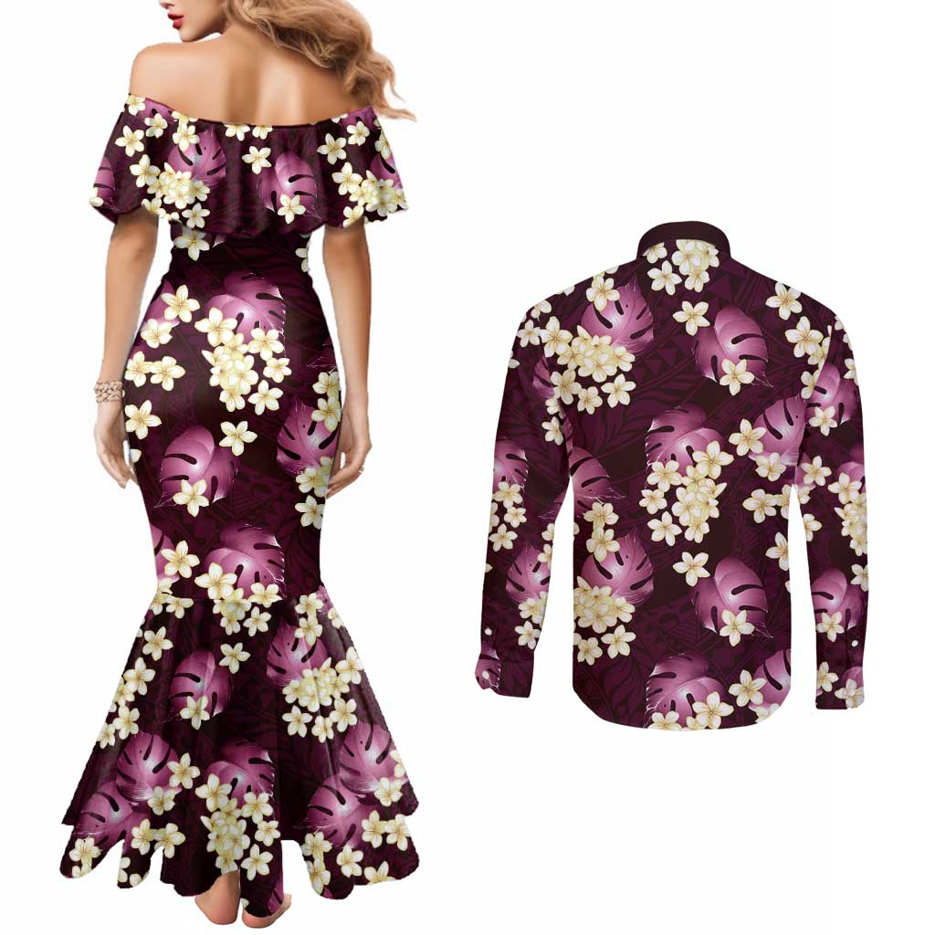 Pink Tropical Hawaii Couples Matching Mermaid Dress and Long Sleeve Button Shirt Seamless Monstera Plumeria Hawaiian Pattern - Polynesian Pride