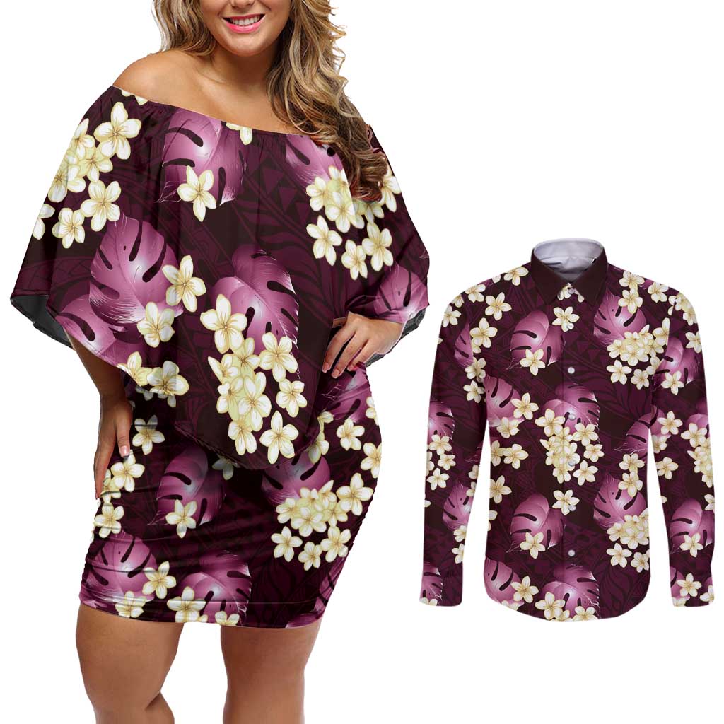 Pink Tropical Hawaii Couples Matching Off Shoulder Short Dress and Long Sleeve Button Shirt Seamless Monstera Plumeria Hawaiian Pattern - Polynesian Pride