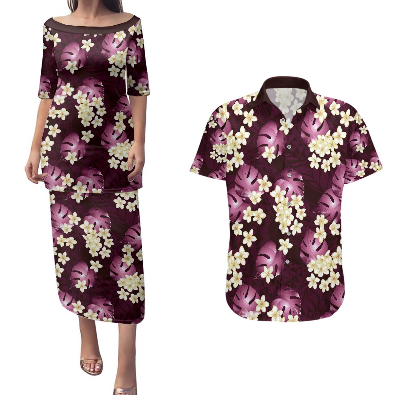 Pink Tropical Hawaii Couples Matching Puletasi and Hawaiian Shirt Seamless Monstera Plumeria Hawaiian Pattern - Polynesian Pride