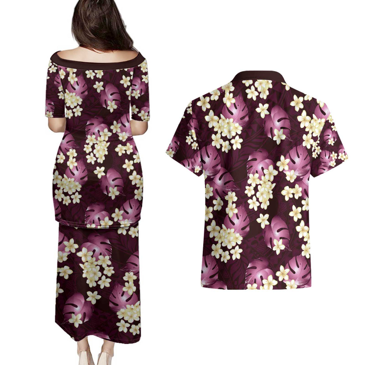 Pink Tropical Hawaii Couples Matching Puletasi and Hawaiian Shirt Seamless Monstera Plumeria Hawaiian Pattern - Polynesian Pride
