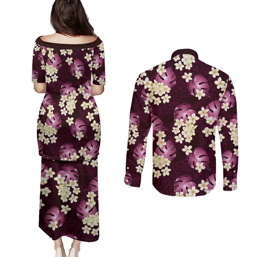 Pink Tropical Hawaii Couples Matching Puletasi and Long Sleeve Button Shirt Seamless Monstera Plumeria Hawaiian Pattern - Polynesian Pride