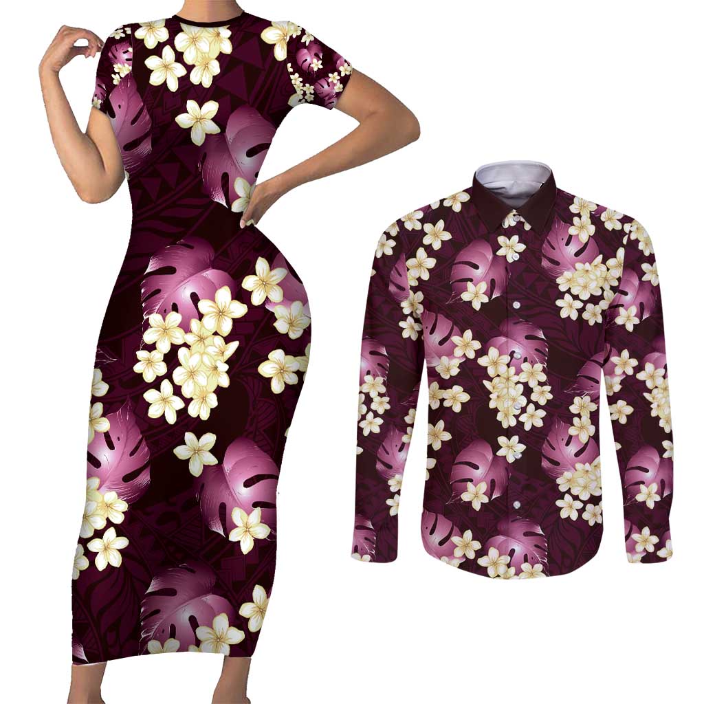 Pink Tropical Hawaii Couples Matching Short Sleeve Bodycon Dress and Long Sleeve Button Shirt Seamless Monstera Plumeria Hawaiian Pattern - Polynesian Pride