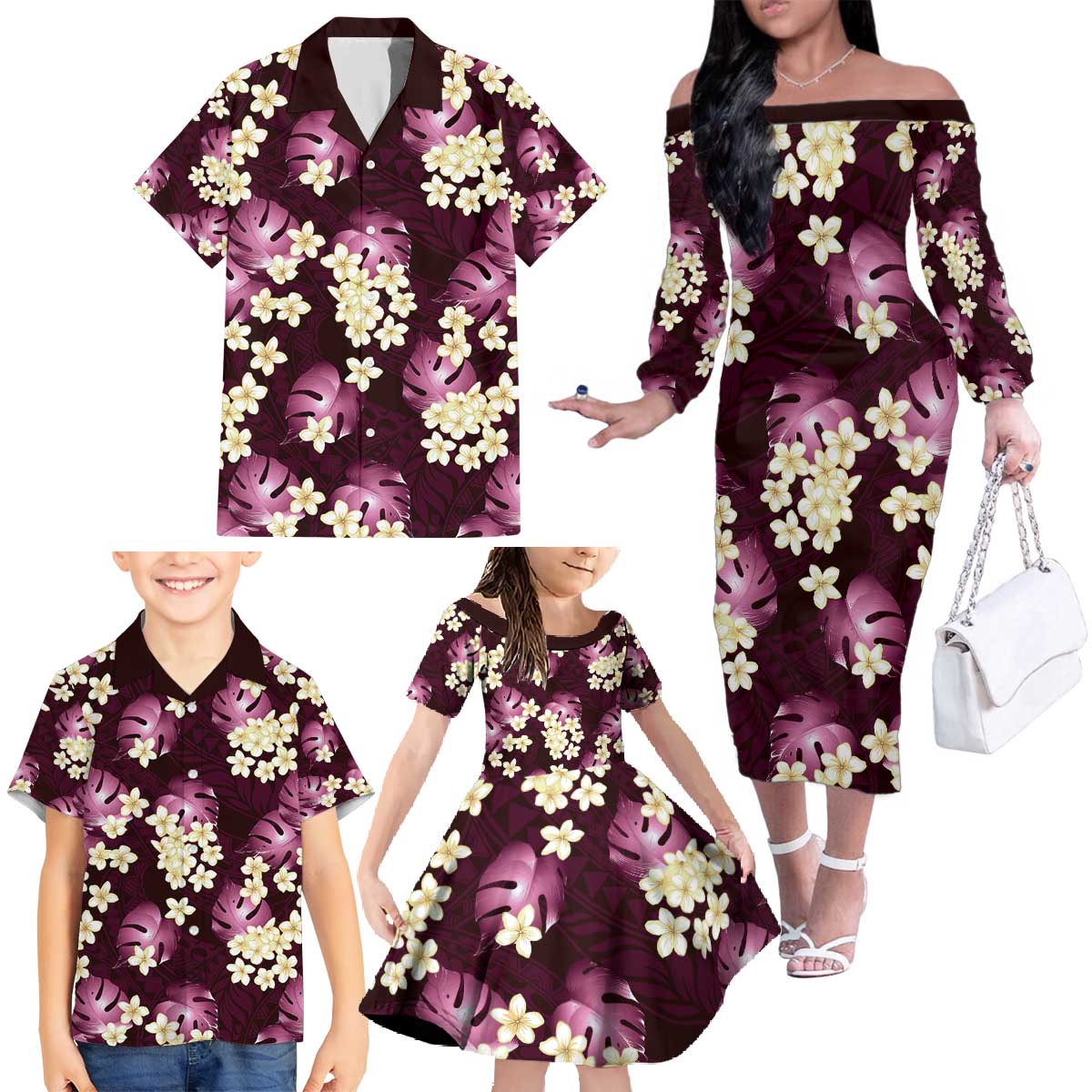 Pink Tropical Hawaii Family Matching Off The Shoulder Long Sleeve Dress and Hawaiian Shirt Seamless Monstera Plumeria Hawaiian Pattern - Polynesian Pride