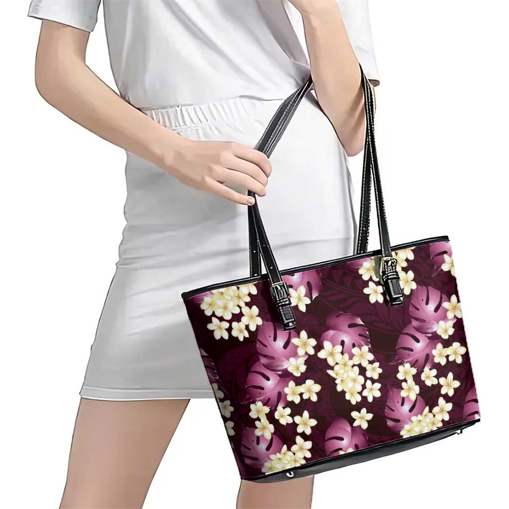 Pink Tropical Hawaii Leather Tote Bag Seamless Monstera Plumeria Hawaiian Pattern - Polynesian Pride