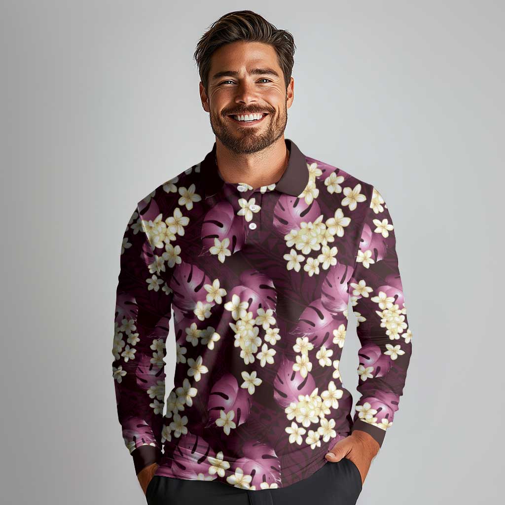 Pink Tropical Hawaii Long Sleeve Polo Shirt Seamless Monstera Plumeria Hawaiian Pattern - Polynesian Pride