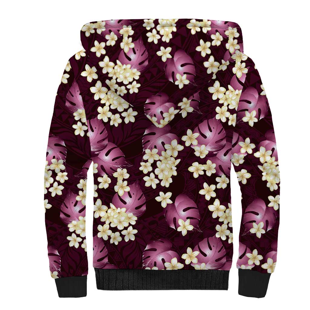 Pink Tropical Hawaii Sherpa Hoodie Seamless Monstera Plumeria Hawaiian Pattern - Polynesian Pride