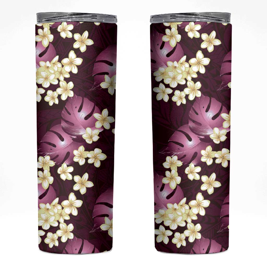 Pink Tropical Hawaii Skinny Tumbler Seamless Monstera Plumeria Hawaiian Pattern - Polynesian Pride