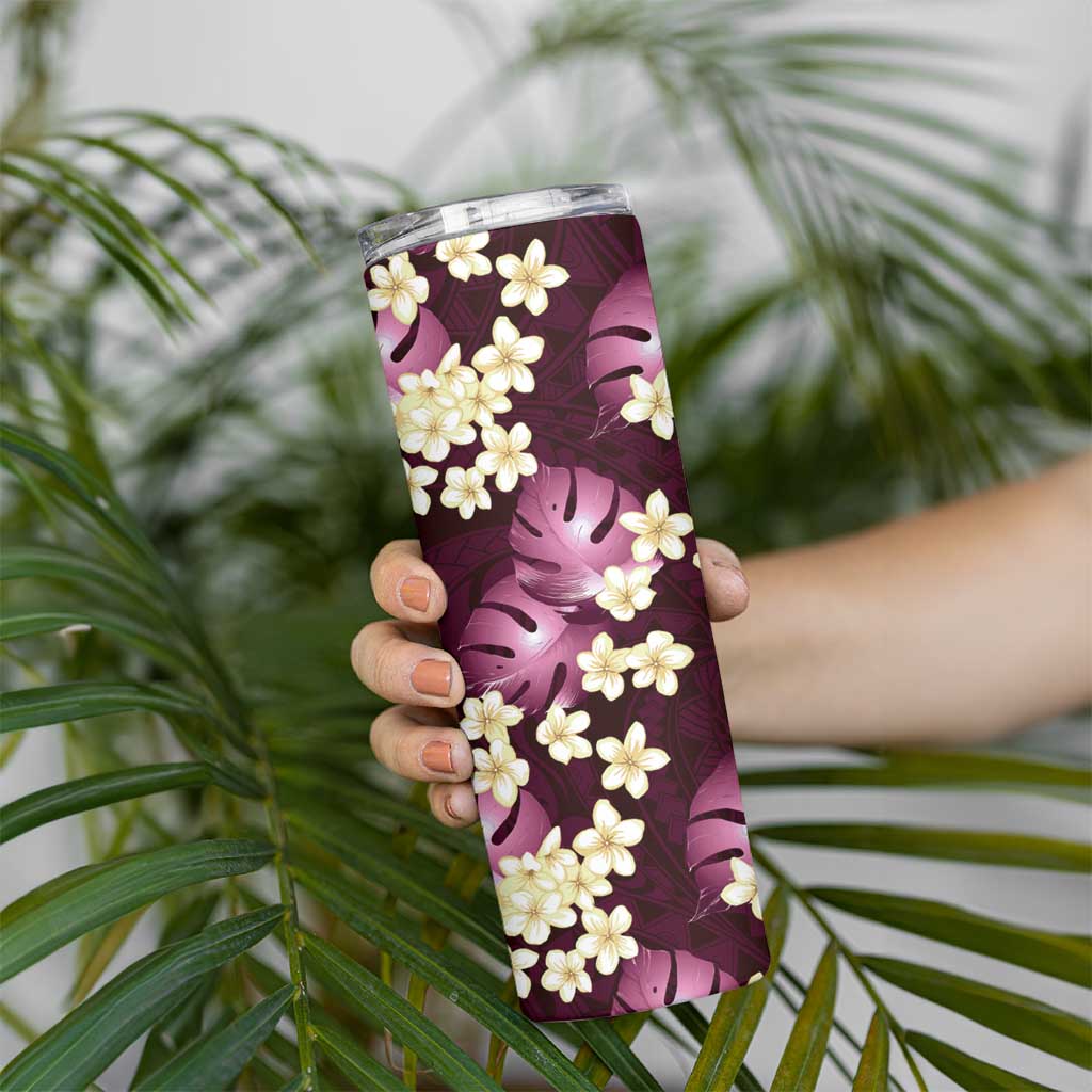 Pink Tropical Hawaii Skinny Tumbler Seamless Monstera Plumeria Hawaiian Pattern - Polynesian Pride