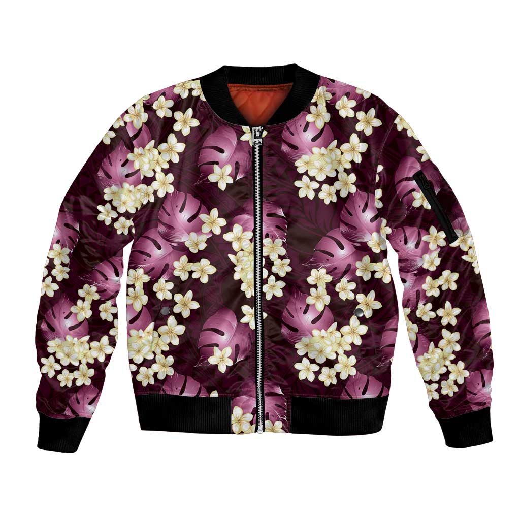 Pink Tropical Hawaii Sleeve Zip Bomber Jacket Seamless Monstera Plumeria Hawaiian Pattern - Polynesian Pride