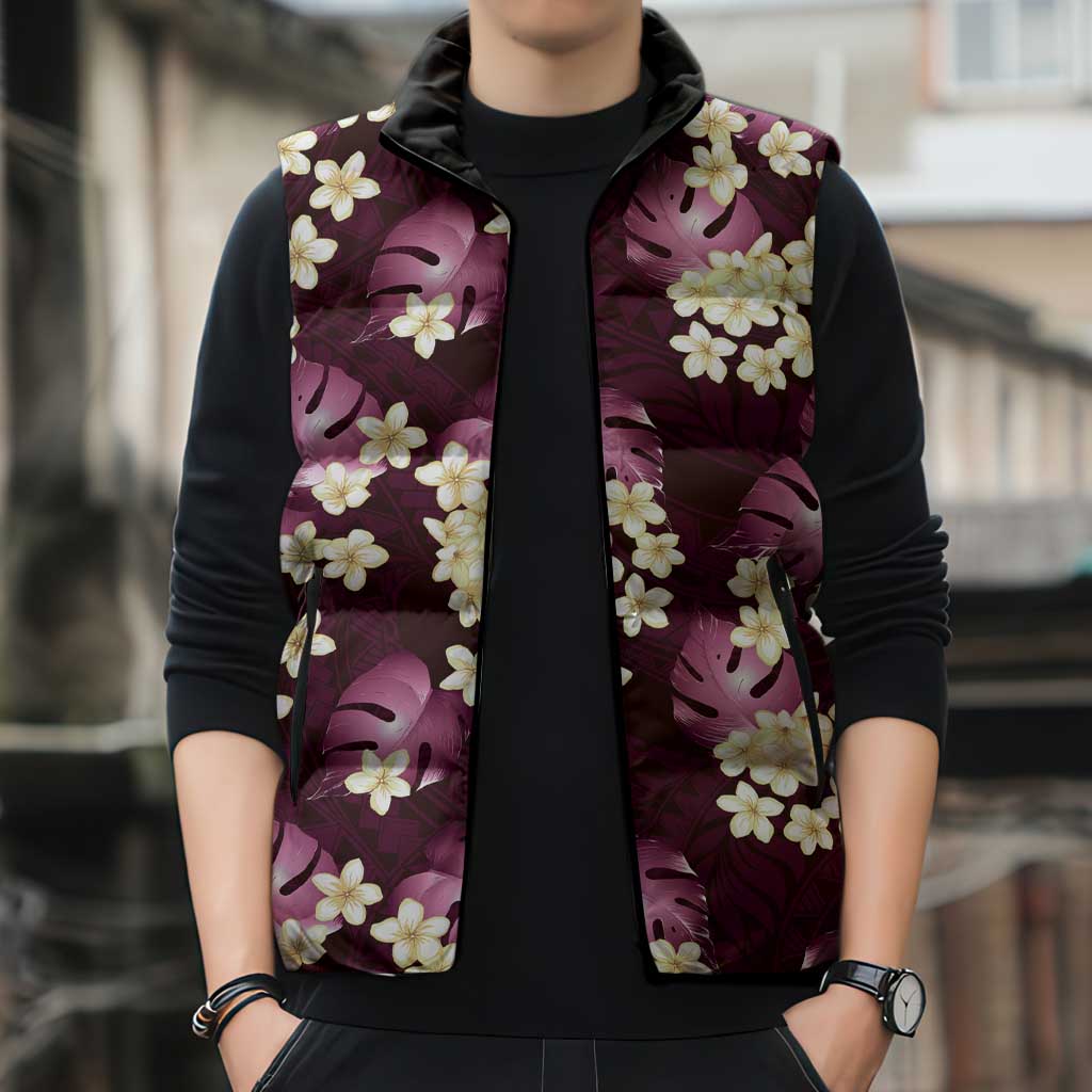 Pink Tropical Hawaii Sleeveless Puffer Jacket Seamless Monstera Plumeria Hawaiian Pattern - Polynesian Pride