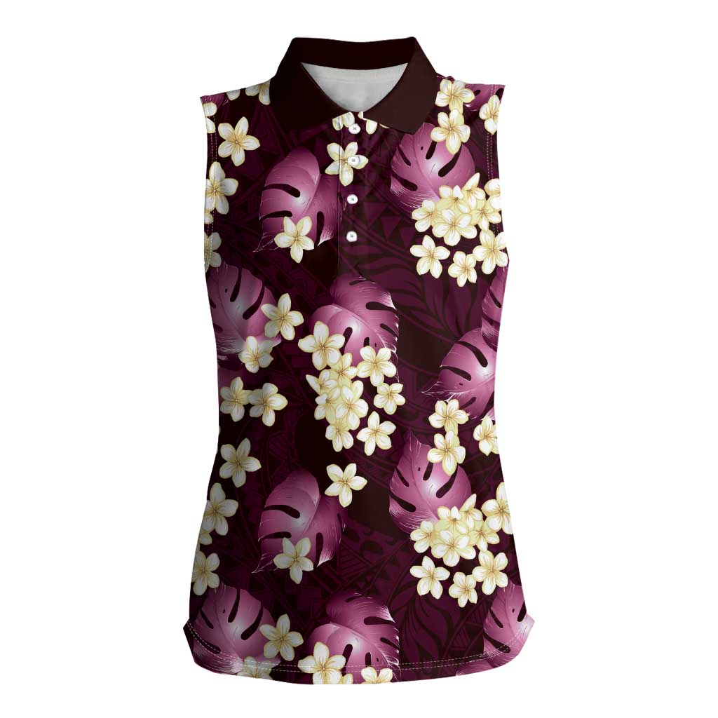 Pink Tropical Hawaii Women Sleeveless Polo Shirt Seamless Monstera Plumeria Hawaiian Pattern - Polynesian Pride