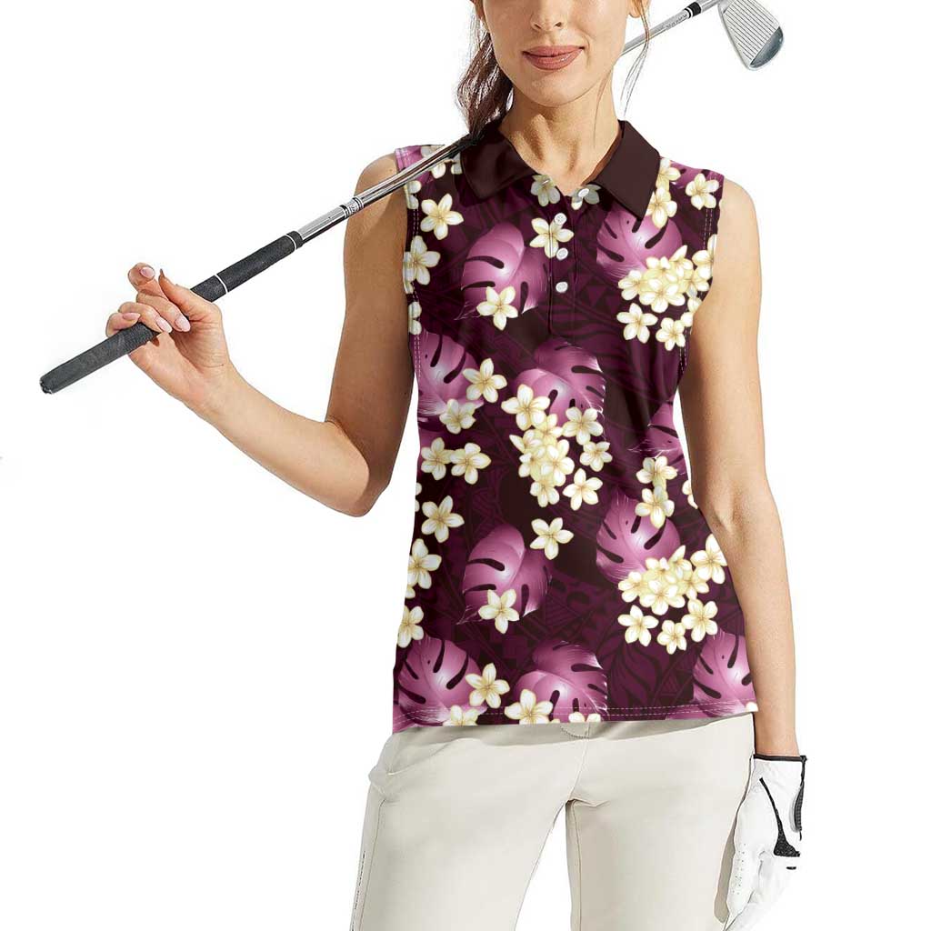 Pink Tropical Hawaii Women Sleeveless Polo Shirt Seamless Monstera Plumeria Hawaiian Pattern - Polynesian Pride