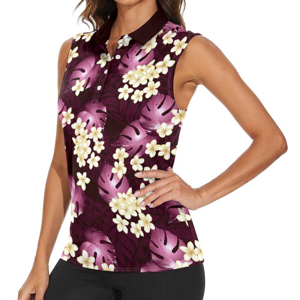 Pink Tropical Hawaii Women Sleeveless Polo Shirt Seamless Monstera Plumeria Hawaiian Pattern - Polynesian Pride