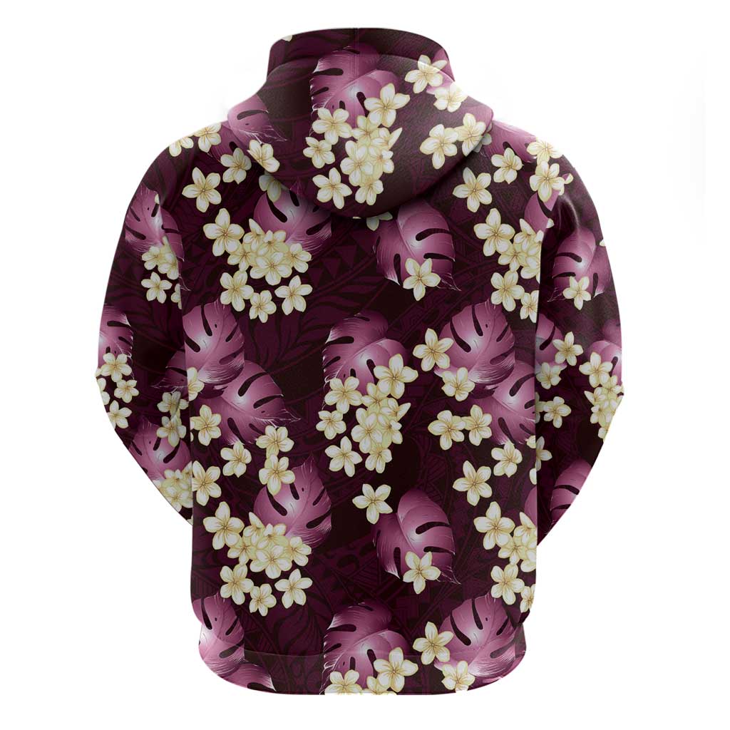 Pink Tropical Hawaii Zip Hoodie Seamless Monstera Plumeria Hawaiian Pattern - Polynesian Pride