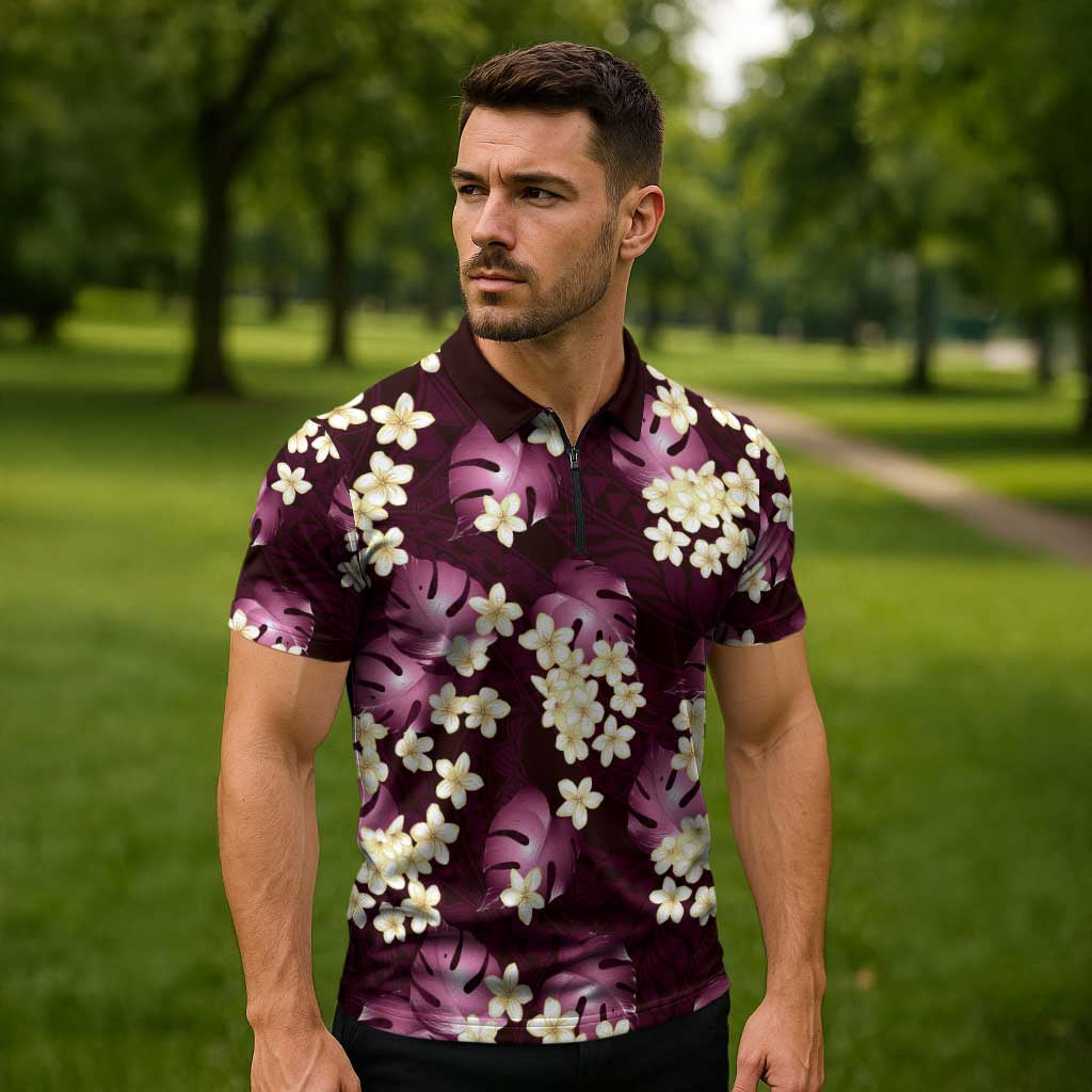 Pink Tropical Hawaii Zipper Polo Shirt Seamless Monstera Plumeria Hawaiian Pattern - Polynesian Pride