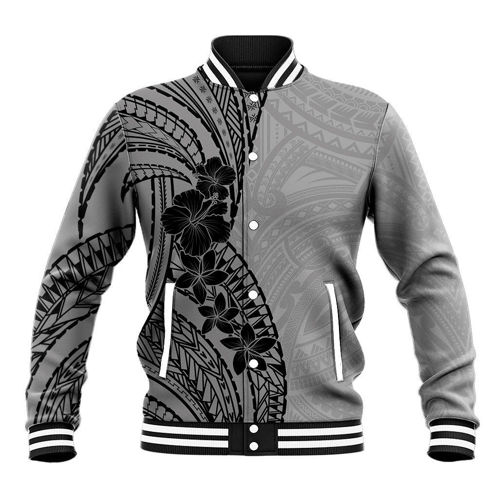 Black Gray Polynesia Tropical Flowers Baseball Jacket LT14 Unisex Gray - Polynesian Pride