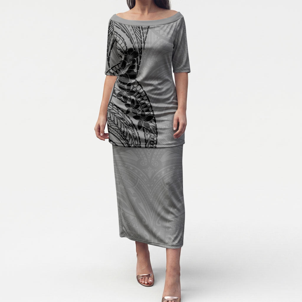 Black Gray Polynesia Tropical Flowers Puletasi LT14 Long Dress Gray - Polynesian Pride