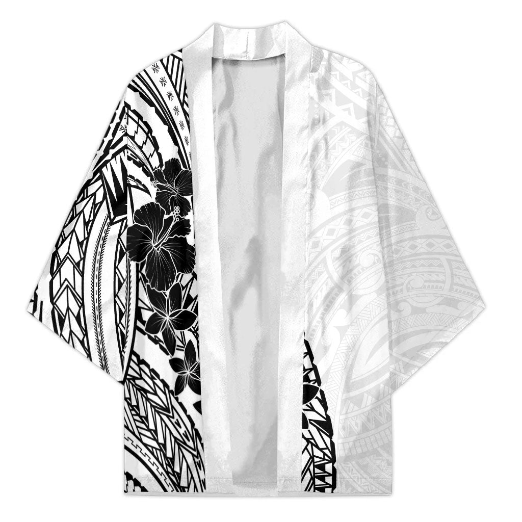 Black White Polynesia Tropical Flowers Kimono LT14 Unisex White - Polynesian Pride
