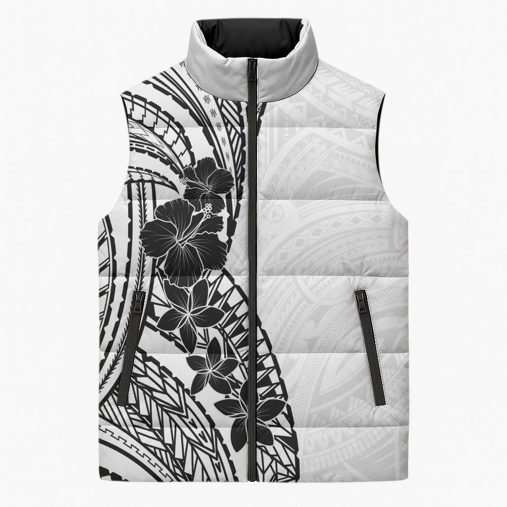 Black White Polynesia Tropical Flowers Sleeveless Puffer Jacket LT14 Unisex White - Polynesian Pride