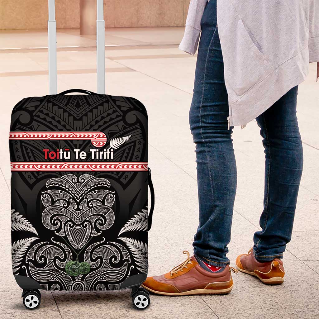 Aotearoa Toitu Te Tiriti Luggage Cover Stand Together! Stand Stronger! - NZ Tiki LT14 Black - Polynesian Pride