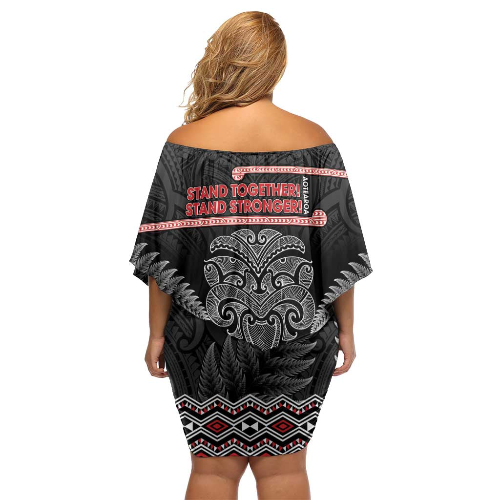 Aotearoa Toitu Te Tiriti Off Shoulder Short Dress Stand Together! Stand Stronger! - NZ Tiki LT14 - Polynesian Pride