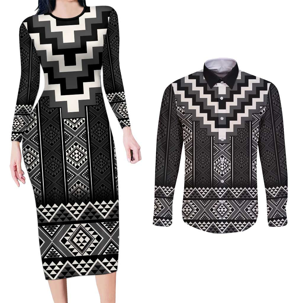 Black Taniko Aotearoa Couples Matching Long Sleeve Bodycon Dress and Long Sleeve Button Shirt Niho Taniwha Mix Poutama LT14