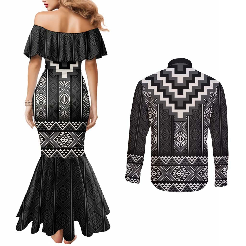 Black Taniko Aotearoa Couples Matching Mermaid Dress and Long Sleeve Button Shirt Niho Taniwha Mix Poutama LT14