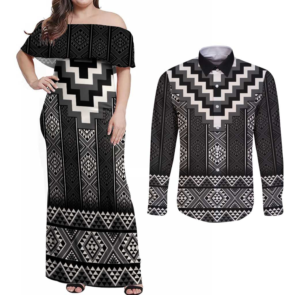 Black Taniko Aotearoa Couples Matching Off Shoulder Maxi Dress and Long Sleeve Button Shirt Niho Taniwha Mix Poutama LT14