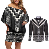 Black Taniko Aotearoa Couples Matching Off Shoulder Short Dress and Long Sleeve Button Shirt Niho Taniwha Mix Poutama LT14 Black - Polynesian Pride