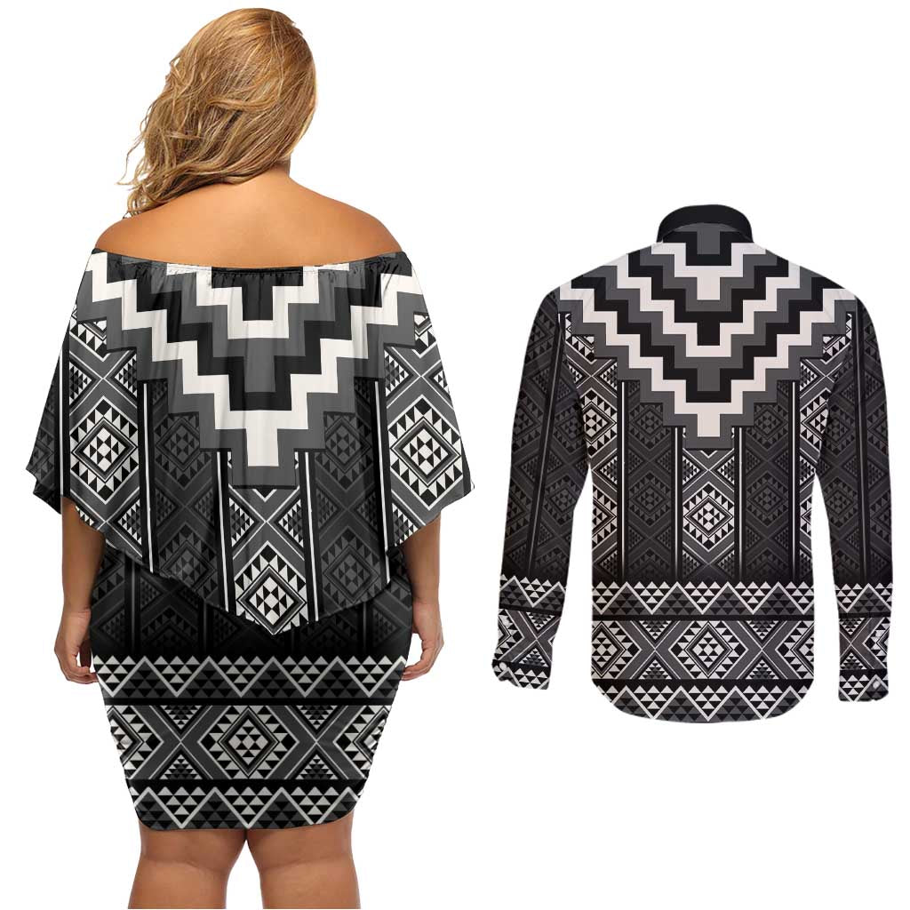 Black Taniko Aotearoa Couples Matching Off Shoulder Short Dress and Long Sleeve Button Shirt Niho Taniwha Mix Poutama LT14 - Polynesian Pride