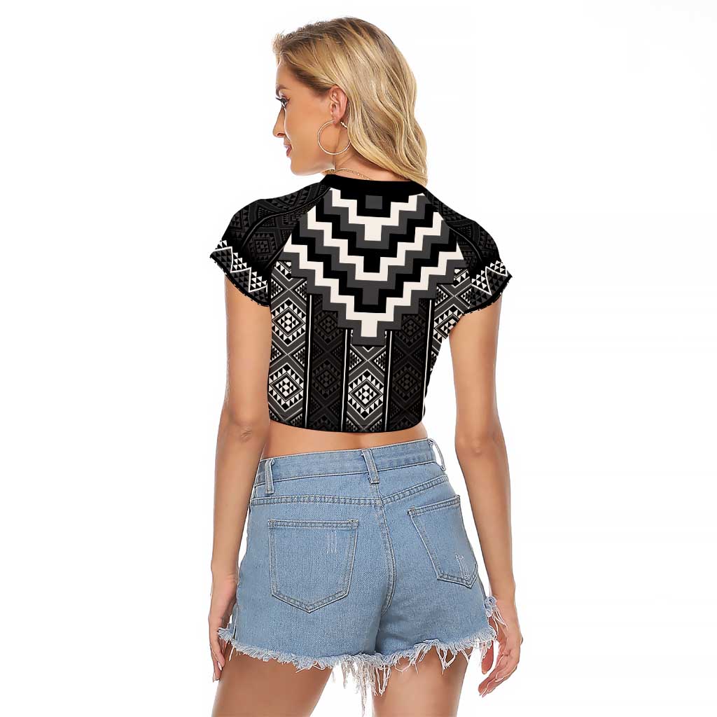 Black Taniko Aotearoa Raglan Cropped T Shirt Niho Taniwha Mix Poutama LT14