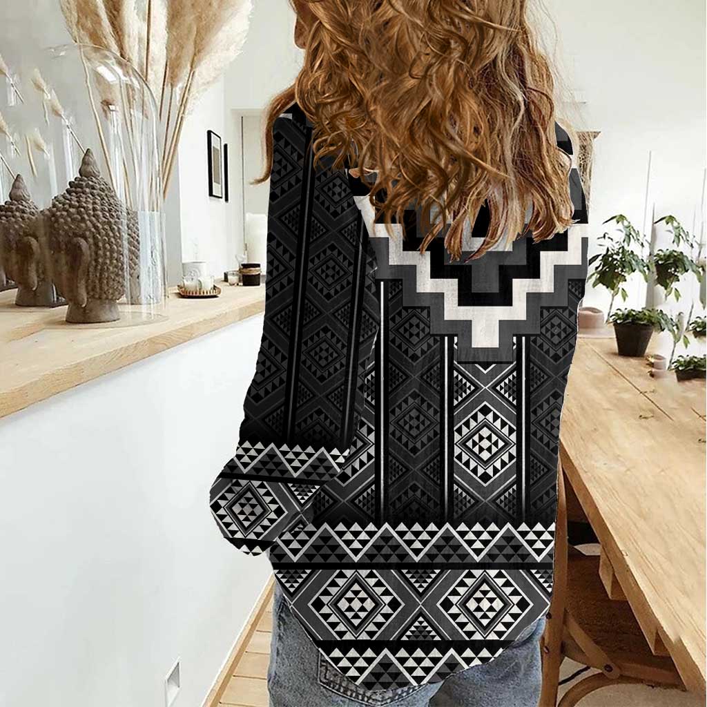 Black Taniko Aotearoa Women Casual Shirt Niho Taniwha Mix Poutama LT14