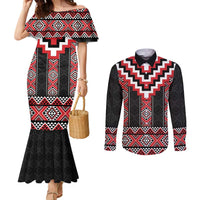 Red Taniko Aotearoa Couples Matching Mermaid Dress and Long Sleeve Button Shirt Niho Taniwha Mix Poutama LT14 Red - Polynesian Pride