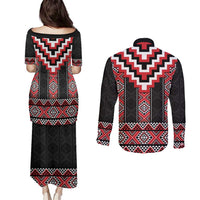 Red Taniko Aotearoa Couples Matching Puletasi and Long Sleeve Button Shirt Niho Taniwha Mix Poutama LT14