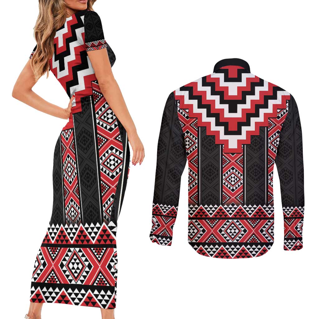 Red Taniko Aotearoa Couples Matching Short Sleeve Bodycon Dress and Long Sleeve Button Shirt Niho Taniwha Mix Poutama LT14