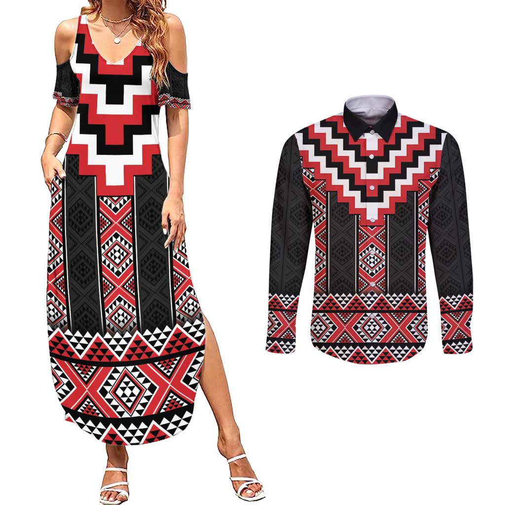 Red Taniko Aotearoa Couples Matching Summer Maxi Dress and Long Sleeve Button Shirt Niho Taniwha Mix Poutama LT14