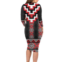 Red Taniko Aotearoa Long Sleeve Bodycon Dress Niho Taniwha Mix Poutama LT14