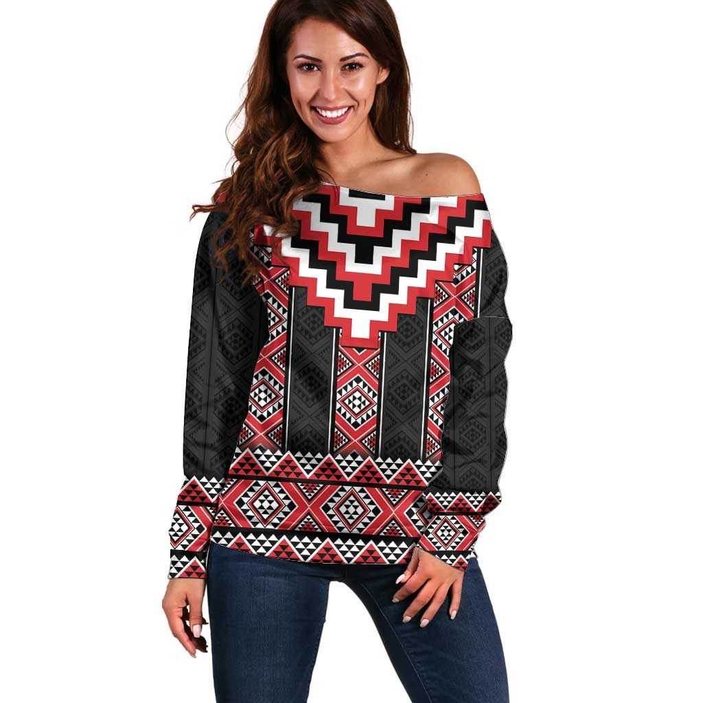 Red Taniko Aotearoa Off Shoulder Sweater Niho Taniwha Mix Poutama LT14