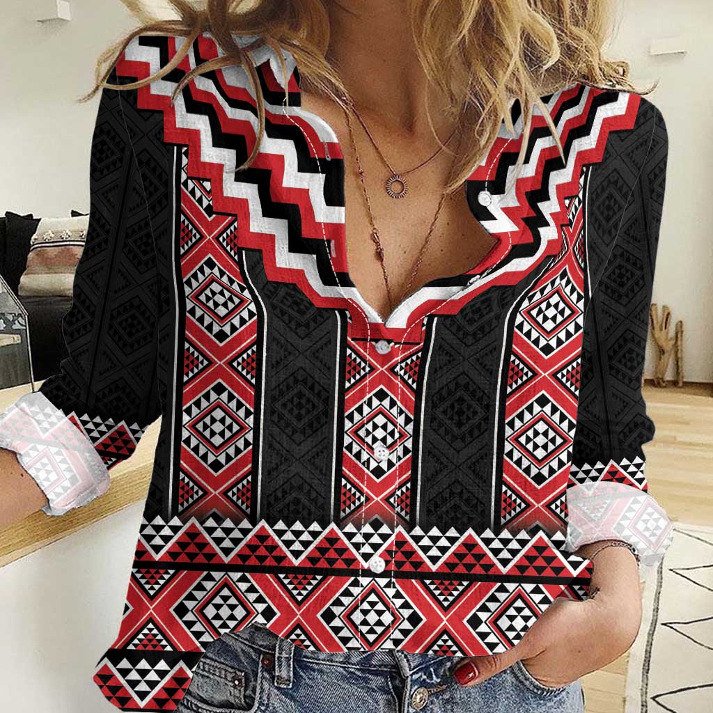 Red Taniko Aotearoa Women Casual Shirt Niho Taniwha Mix Poutama LT14